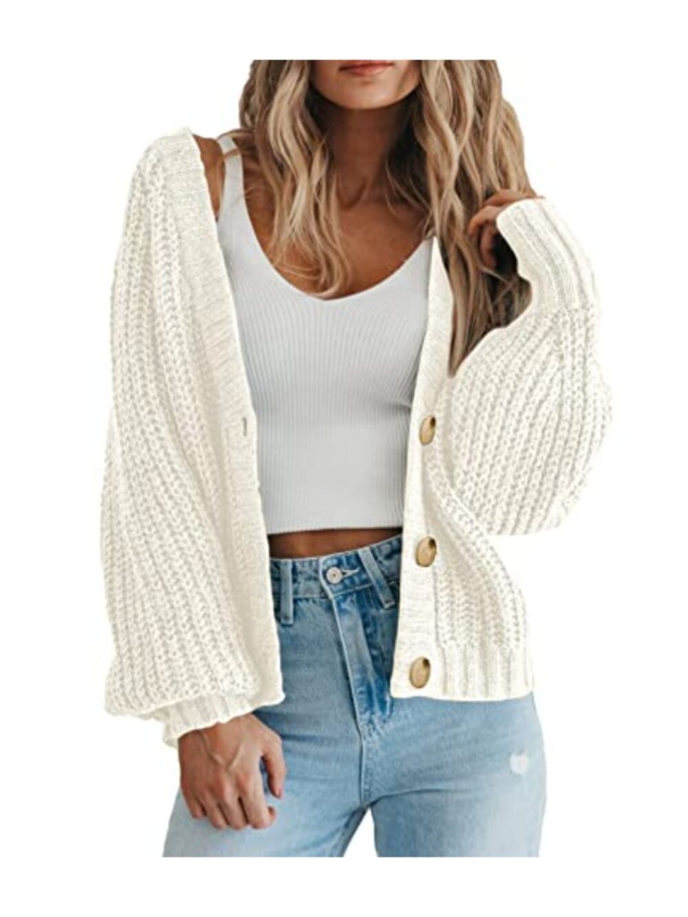 Chunky Knit Open Front Cardigan Long Sleeve Button Loose Short Sweater
